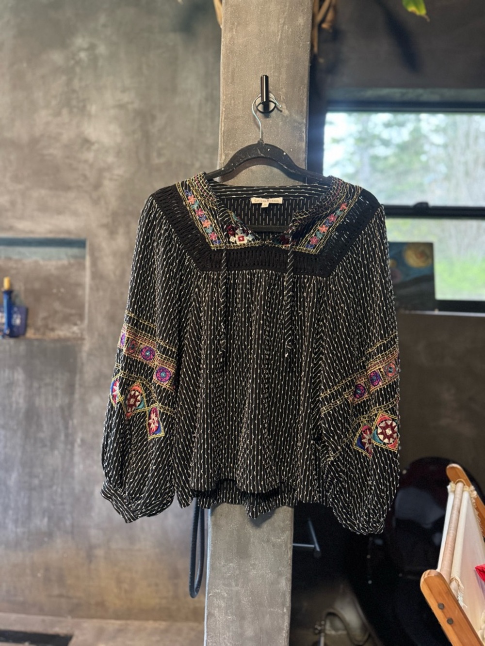 Embroidered Black Boho Peasant Blouse with Square Neck
